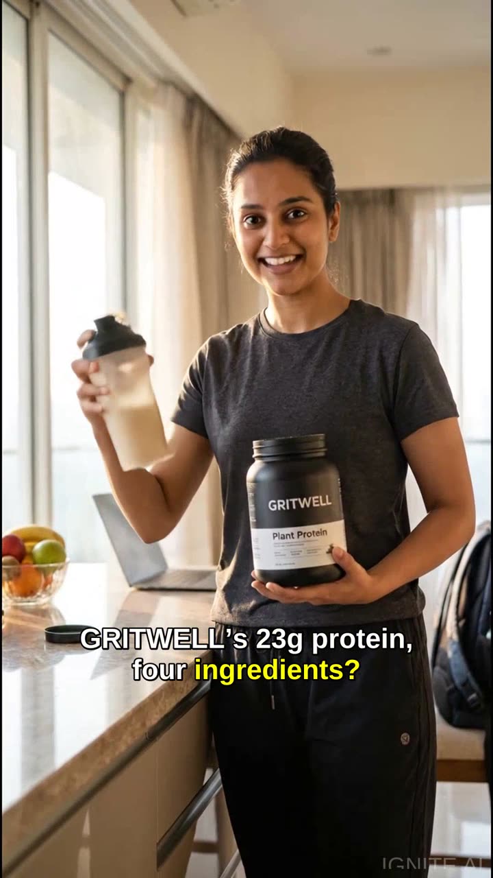 Real output: a protein supplement ad generated by IgniteAI from one product photo, with script, presenter, voiceover and captions included.