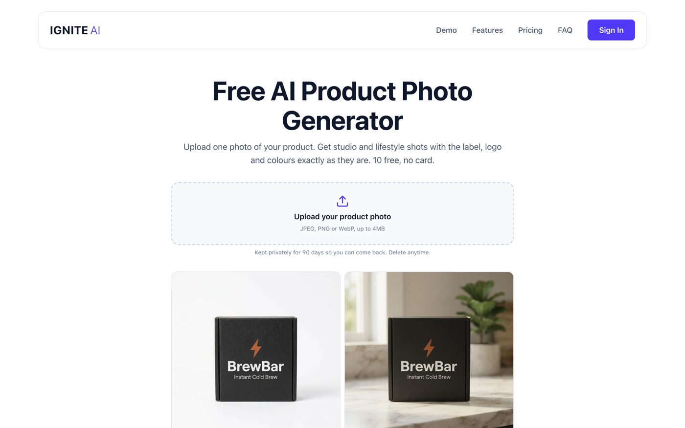 The free AI Product Photo Generator page on igniteai.in