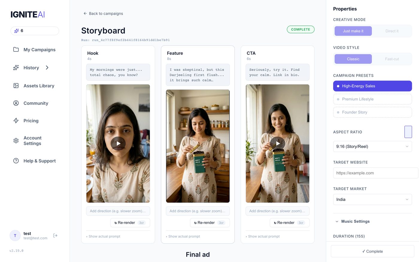 The IgniteAI storyboard editor: Hook, Feature and CTA scenes with scripts, re-render controls and the properties panel